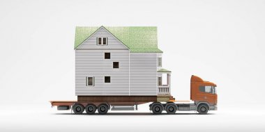 A flatbed articulated lorry loaded with a house isolated on a white background. Both are models. Good image for moving home themes. clipart
