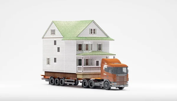 Un camión articulado de cama plana cargado con una casa aislada sobre un fondo blanco. Ambos son modelos. Buena imagen para mover temas de casa . — Foto de Stock