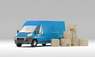 Mavi teslim van karton kutu kırılgan işaretleri. 3D çizim. Posta teslim kavramı