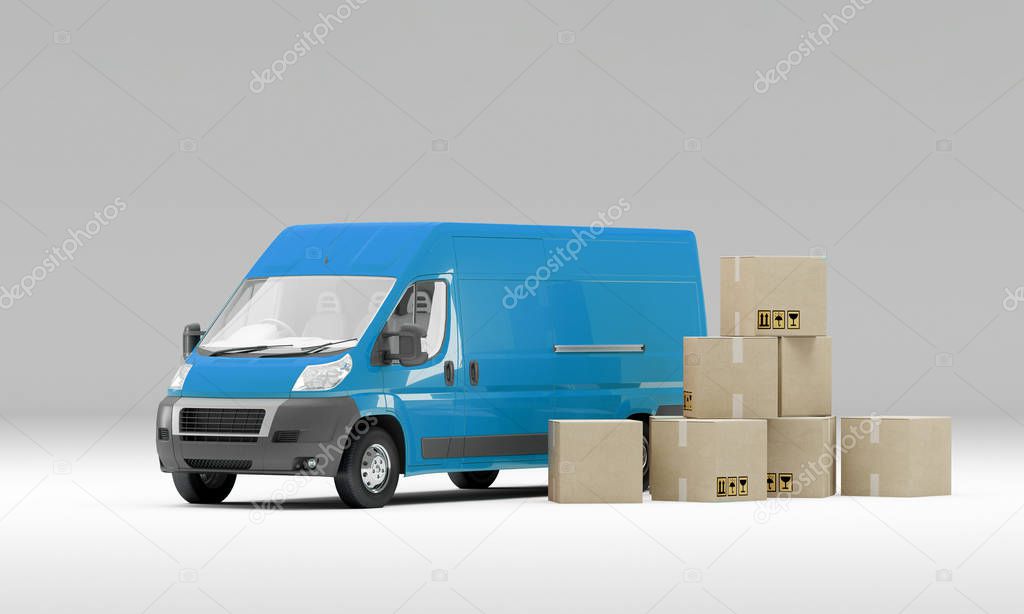 Blue delivery van with cardboard boxes fragile signs. 3d illustration. Post delivery concept