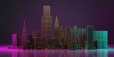 3D çizim. Gece şehir düzeni illüstrasyon neon kızdırma ve canlı renkler ile.