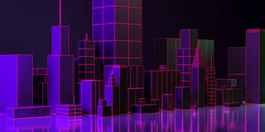 3D çizim. Gece şehir düzeni illüstrasyon neon kızdırma ve canlı renkler ile.