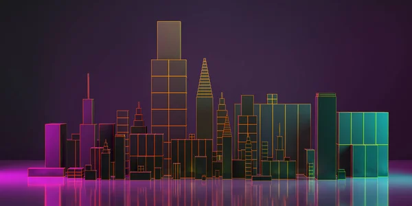 3D çizim. Gece şehir düzeni illüstrasyon neon kızdırma ve canlı renkler ile.