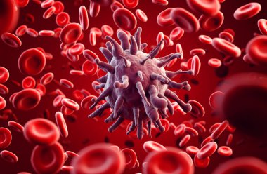 Kan mikroskobunda Coronavirus arka plan gribi tehlikeli grip vakaları olarak görülüyor. Salgın hastalık hücreleriyle ilgili tıbbi risk konsepti. 3B illüstrasyon