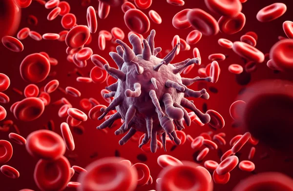 Koronawirus w mikroskopie krwi postrzega tło grypy jako niebezpieczne przypadki szczepu grypy. Pandemiczna koncepcja ryzyka dla zdrowia medycznego z komórkami chorobowymi. 3D ilustracja — Zdjęcie stockowe