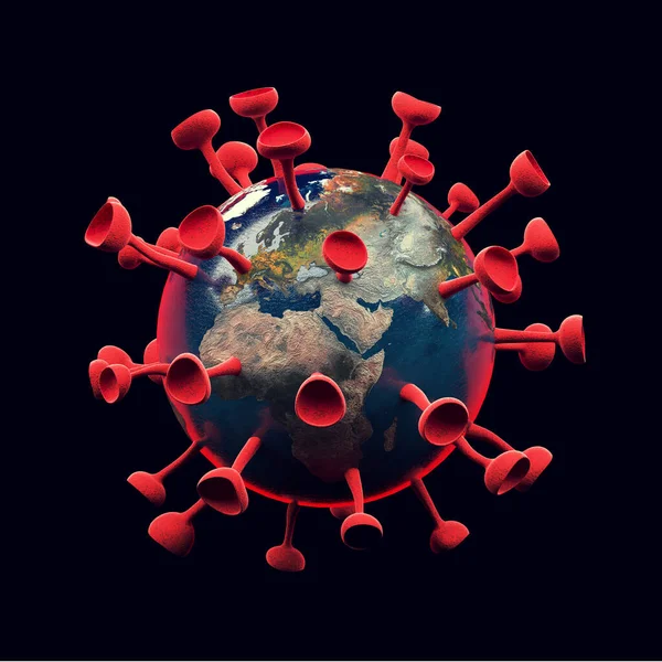 De covid-19 veegt de wereld, planeet aarde besmet met coronavirus, 3D illustratie concept ontwerp met kopieerruimte — Stockfoto