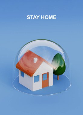 Evde kal konsepti. Mavi arka planda cam bir kubbenin altında korunan bir ev. Güvenlik ve sigorta koronavirüsü konsepti. 3d illüstrasyon
