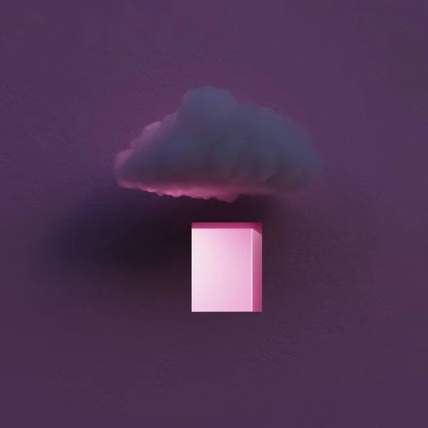 Nube blanca y esponjosa volando sobre la ventana, agujero en la pared. Exterior mínimo al aire libre. Sobre fondo de color, diseño moderno, metáfora abstracta. 3d renderizar —  Fotos de Stock