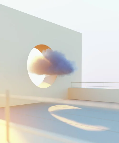 White fluffy cloud flying through the window hole in the wall. Minimal outdoor exterior. Pastel tones colors, modern design, abstract metaphor. 3d render — Stock Photo, Image