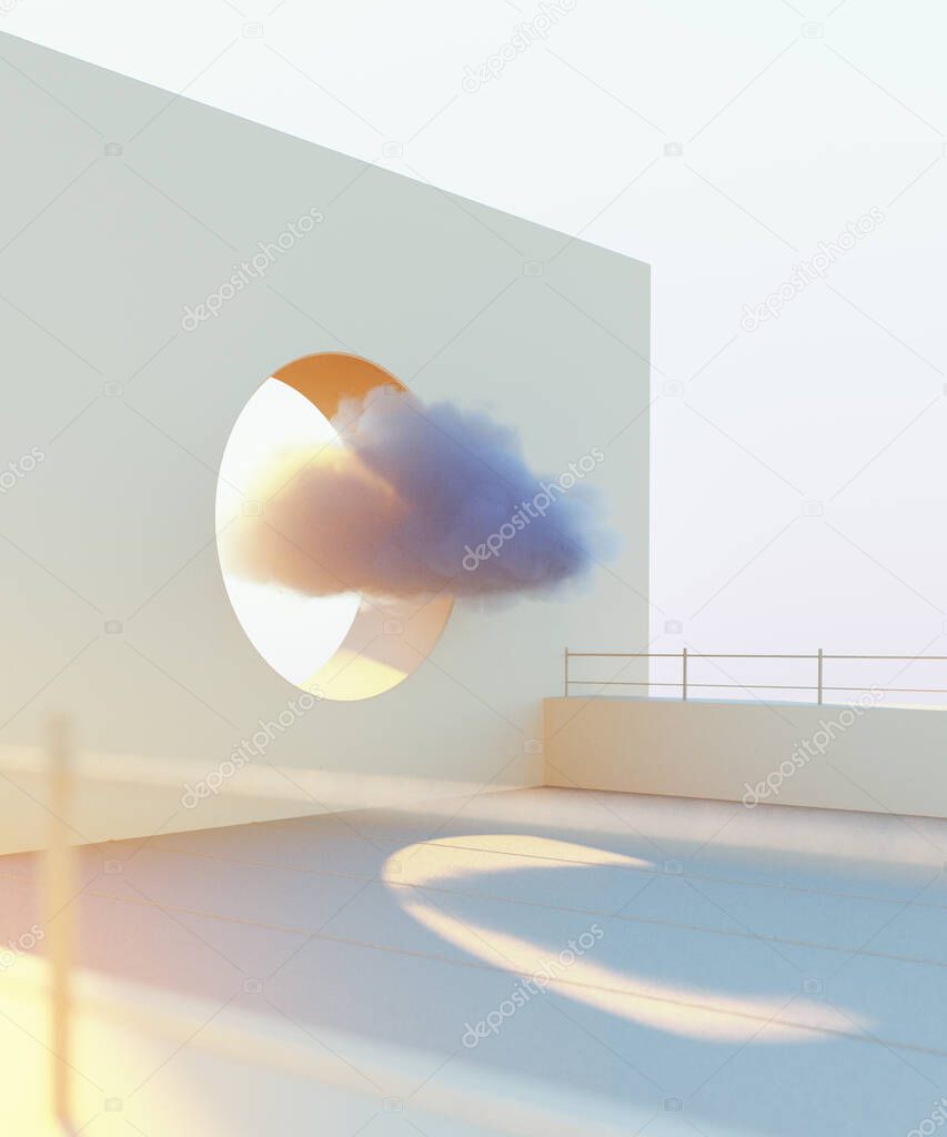 White fluffy cloud flying through the window hole in the wall. Minimal outdoor exterior. Pastel tones colors, modern design, abstract metaphor. 3d render
