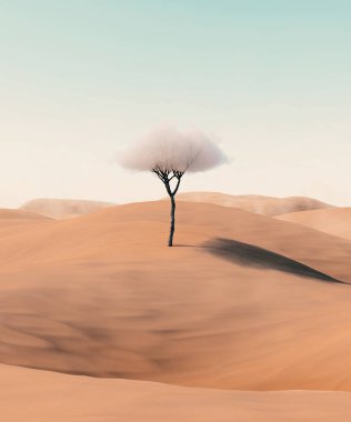 Mimalizm, umut ve yalnızlık kavramı. Çöldeki yalnız ağaç soyut bulut metaforuyla. 3d illüstrasyon