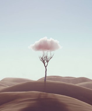 Mimalizm, umut ve yalnızlık kavramı. Çöldeki yalnız ağaç soyut bulut metaforuyla. 3d illüstrasyon