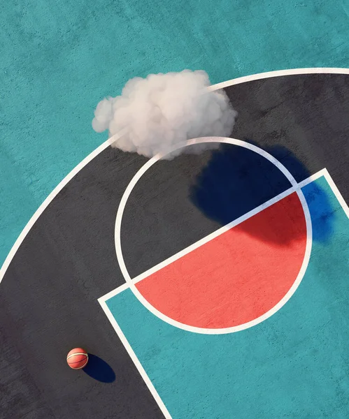 Vista aérea cancha de baloncesto con luz solar al atardecer. Diseño plano, nube. ilustración 3d —  Fotos de Stock