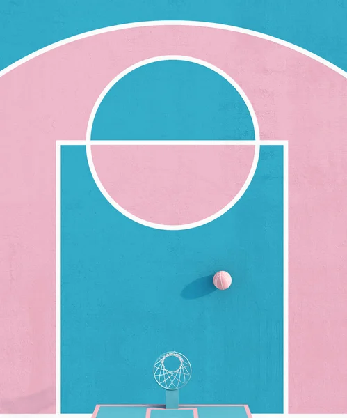 Vista aérea abstracta pastel rosa azul cancha de baloncesto de color con aro y bola de composición minimalista. 3d renderizar — Foto de Stock