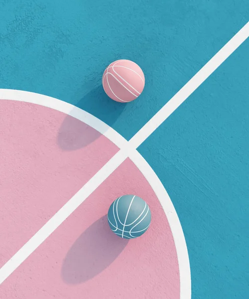 Abstrato pastel rosa azul cor quadra de basquete com bola composição minimalista. Conceito de equilíbrio. Renderização 3d — Fotografia de Stock