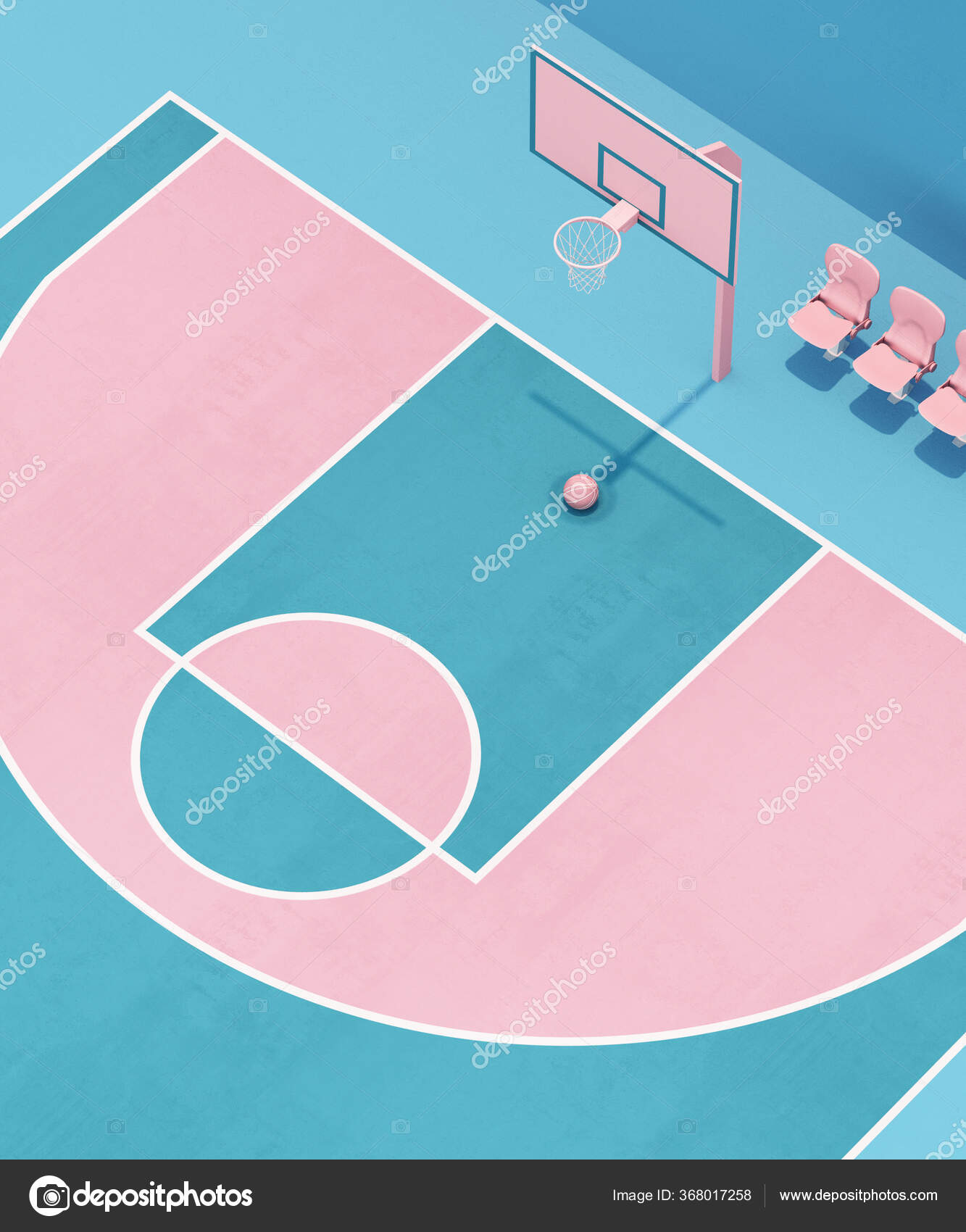 Abstracto pastel rosa azul cancha de baloncesto de color con aro y bola