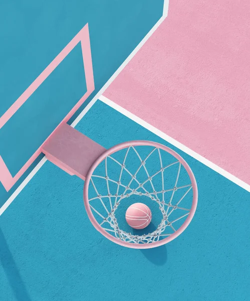 Abstrakt pastell rosa blå färg basket domstol med båge och boll minimalistisk sammansättning. 3D-återgivning — Stockfoto