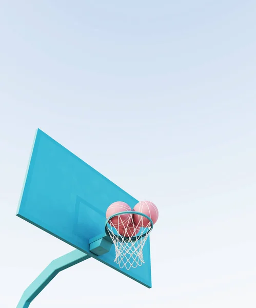 Баскетбольная площадка розово-голубого цвета с минималистичной композицией обруча и мяча. 3D рендеринг — стоковое фото