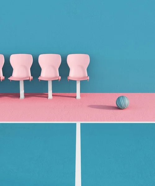 Абстрактний пастельний рожево-блакитний баскетбольний майданчик з сидіннями та мінімалістичною композицією м'яча. 3d візуалізація — стокове фото