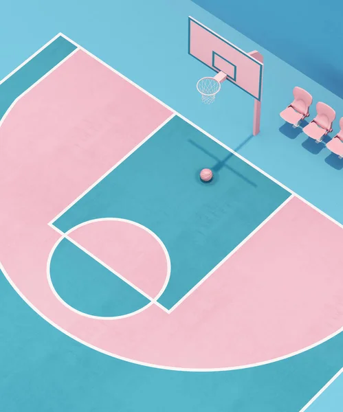 Abstrakt pastell rosa blå färg basket domstol med båge och boll minimalistisk sammansättning. 3D-återgivning — Stockfoto