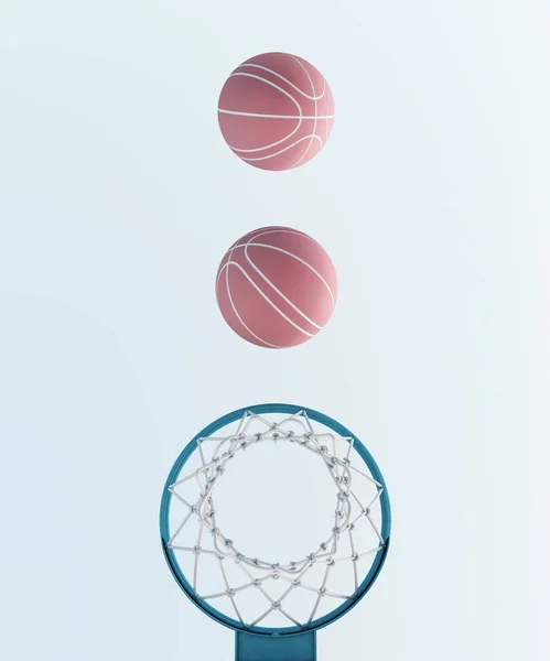 Abstrakt pastell rosa blå färg basket båge och bollar minimalistisk symmetri komposition. Balanskoncept. 3D-återgivning — Stockfoto