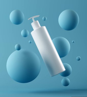 Doğal kozmetik krem, serum, cilt içi boş şişe ambalajı tasarımı. Biyolojik organik ürün. Güzellik ve kaplıca konsepti. Soyut mavi arkaplan. 3d illüstrasyon