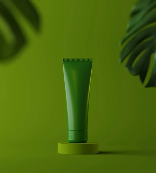 Design of natural cosmetic cream , serum, skincare blank bottle packaging with leaves herb, bio organic product. beauty. 3d illustartion. Product presentation.