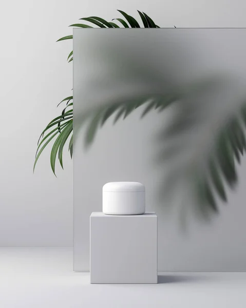 Doğal kozmetik kremin beyaz tasarımı, serum, yapraklı boş şişe ambalajı, biyoorganik ürün. Güzellik ve kaplıca konsepti. 3d illüstrasyon