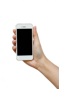 El ele tutuşan akıllı telefon beyaz arkaplanda izole edildi