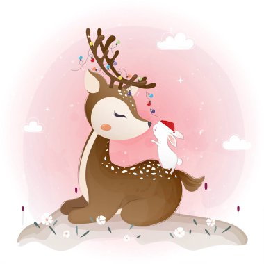 Sevimli geyik ve çiçekler, çiçek çelenk ile küçük tavşan