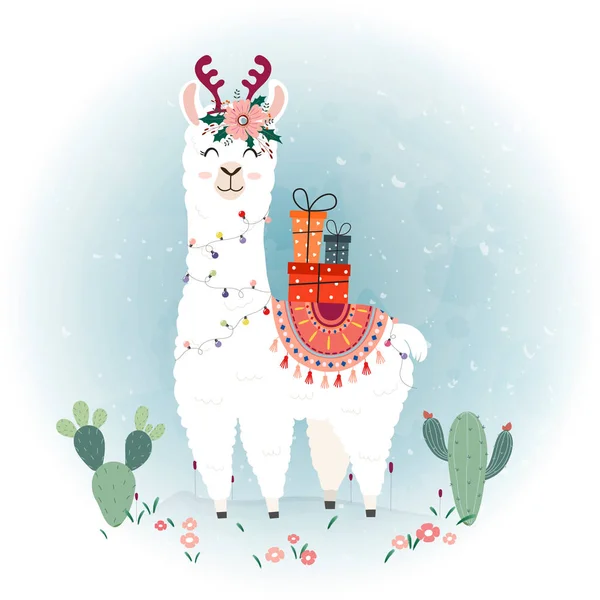 Joli lama de Noël. Joyeux Noël carte — Image vectorielle