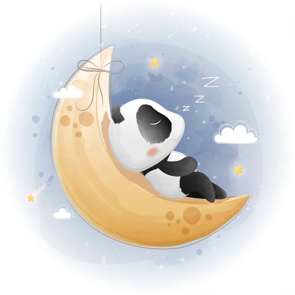 Ay 'da uyuyan sevimli panda. Suluboya tarzı. Vektör