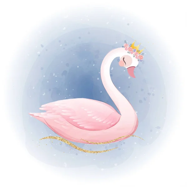 Χαριτωμένο μικρό Swan πριγκίπισσα με χρυσό glitter κορώνα. — Διανυσματικό Αρχείο
