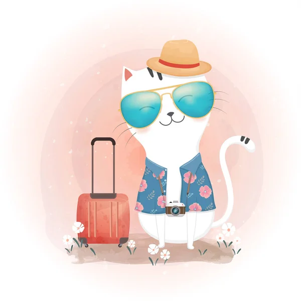Ταξιδιωτική ιδέα. Χαριτωμένες γάτες και βαλίτσα. στυλ υδατογραφίας — Διανυσματικό Αρχείο