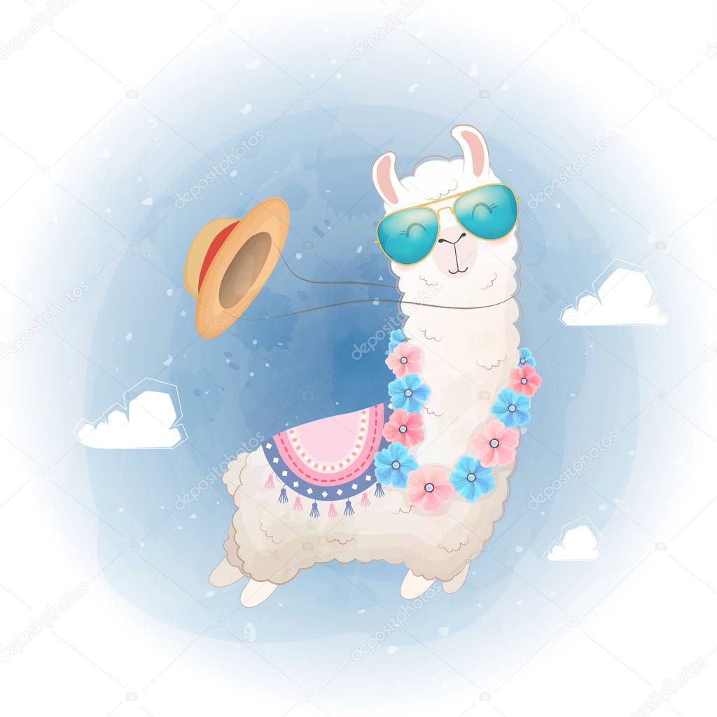 Hello Summer card. Cute Llama design floating in the sky.
