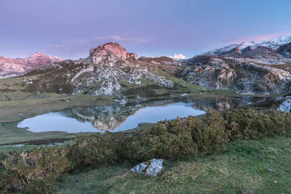 Spektakulär Och Färgstark Solnedgång Sjöar Covadonga Asturien Mycket Kall Vinter — Stockfoto