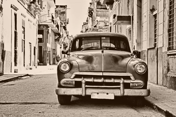 Front view of vintage classic american car parked in a street of