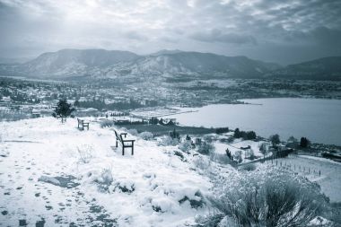 Monochrome landscape view of Penticton from Munson Mountain after first snow clipart
