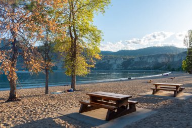 Summerland, British Columbia / Canada - 4 Eylül 2019: insanların popüler bir piknik ve yüzme merkezi olan Sun Oka İl Parkı 'ndaki kumlu plajın keyfini çıkarışları
