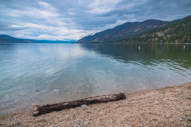 Okanagan Gölü manzarası, çakıl taşı plajı, dağlar ve sonbaharda bulutlu gökyüzü.