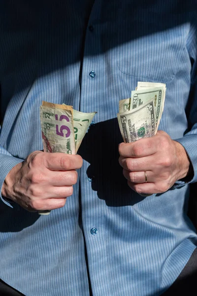 Close Torso Businessman Holding Dollars Both Fists — Stock Photo, Image