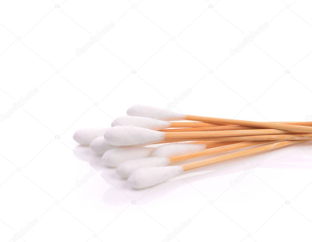 Wood, cotton buds isolated on white background