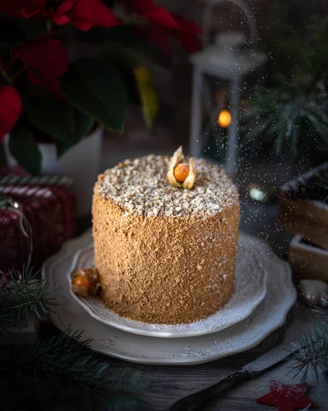 Homemade honey cake. Winter composition. New Year photo. Christmas decoration. Christmas decorations. Cake with sparklers.