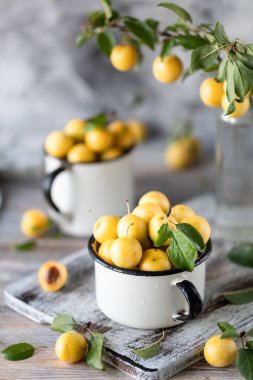 Beyaz masada beyaz demir kupalar içinde sarı erik. Yeşil yapraklı kiraz eriği.