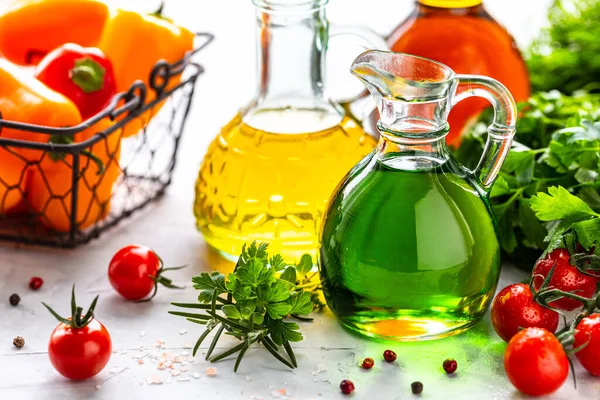 Different Types Vegetable Oil Glass Bottles Sesame Linseed Grape Oil — 스톡 사진