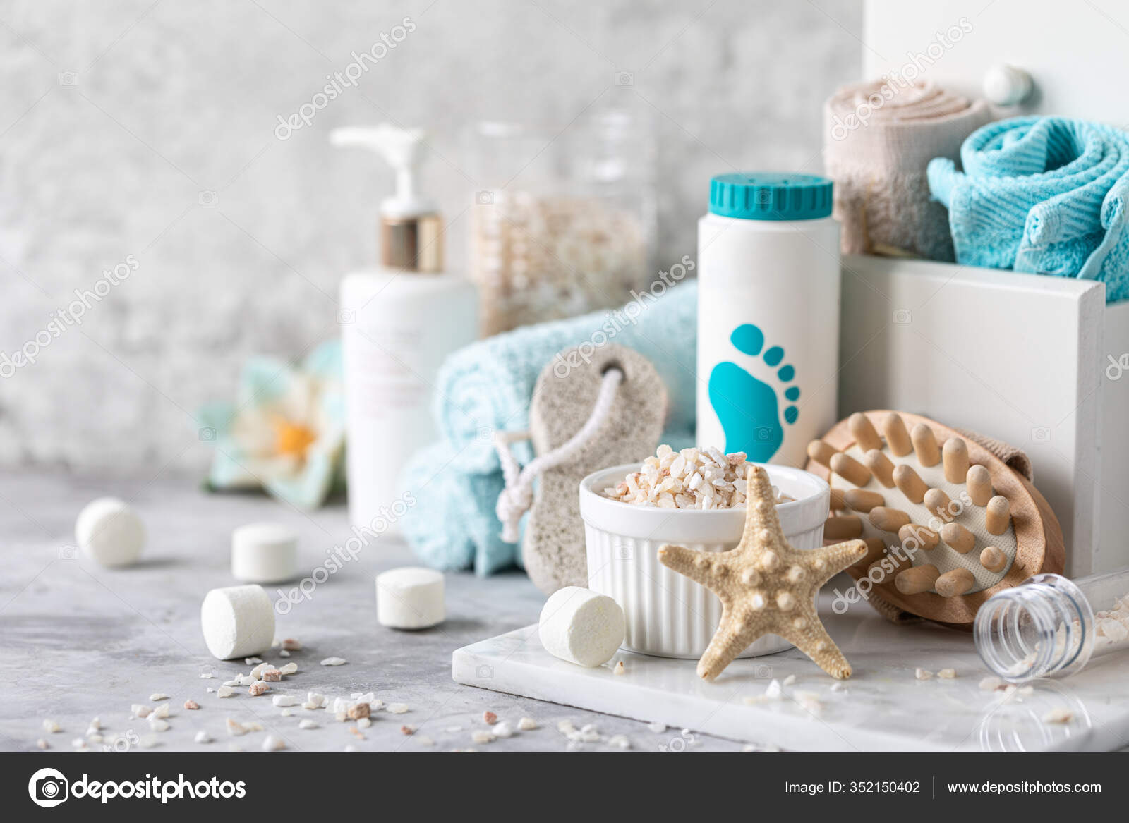 Spa accessories - sea salt, brush, powder, effervescent bath