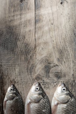 Tahta bir masada çiğ nehir balığı. Kopyalama alanı olan üst görünüm