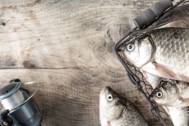 Tahta bir masada çiğ nehir balığı. Kopyalama alanı olan üst görünüm