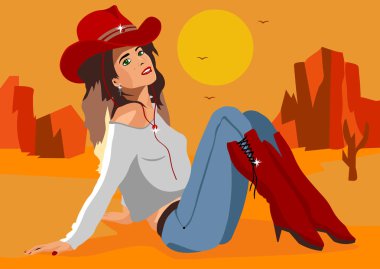 Texas bozkırlarında arka plan üzerinde kırmızı kovboy şapkalı güzel kız