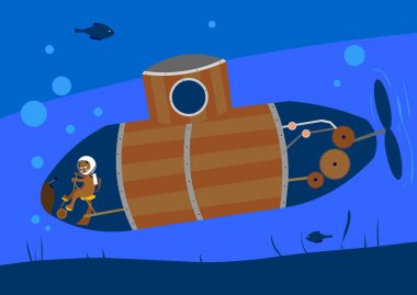 Vektör çizim. Kedi kendisini bir denizaltı ve yüzer su, Balık ve okyanus derinliği dikkate alınarak altında yaptı